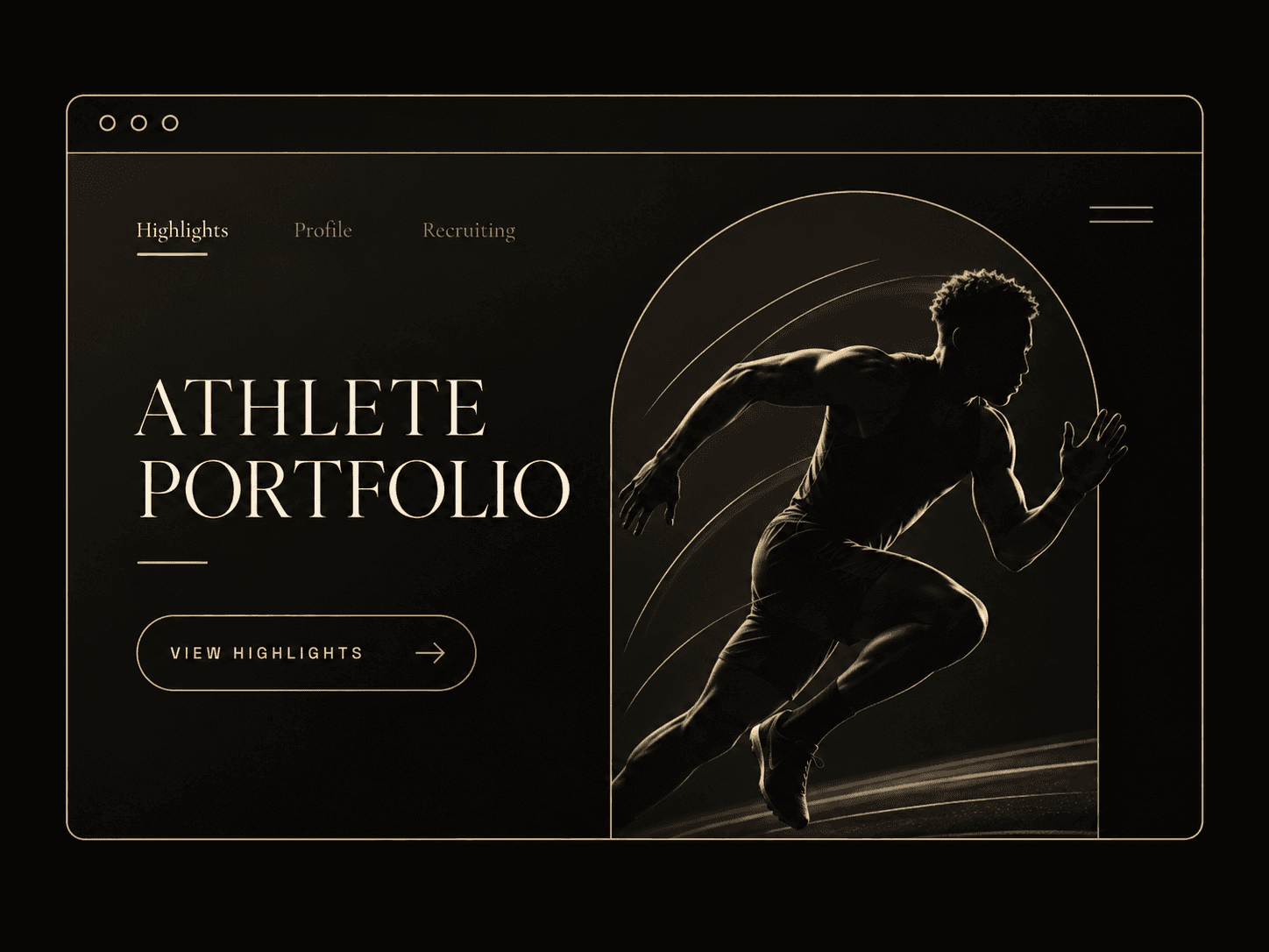 Dark and gold athlete portfolio website mockup