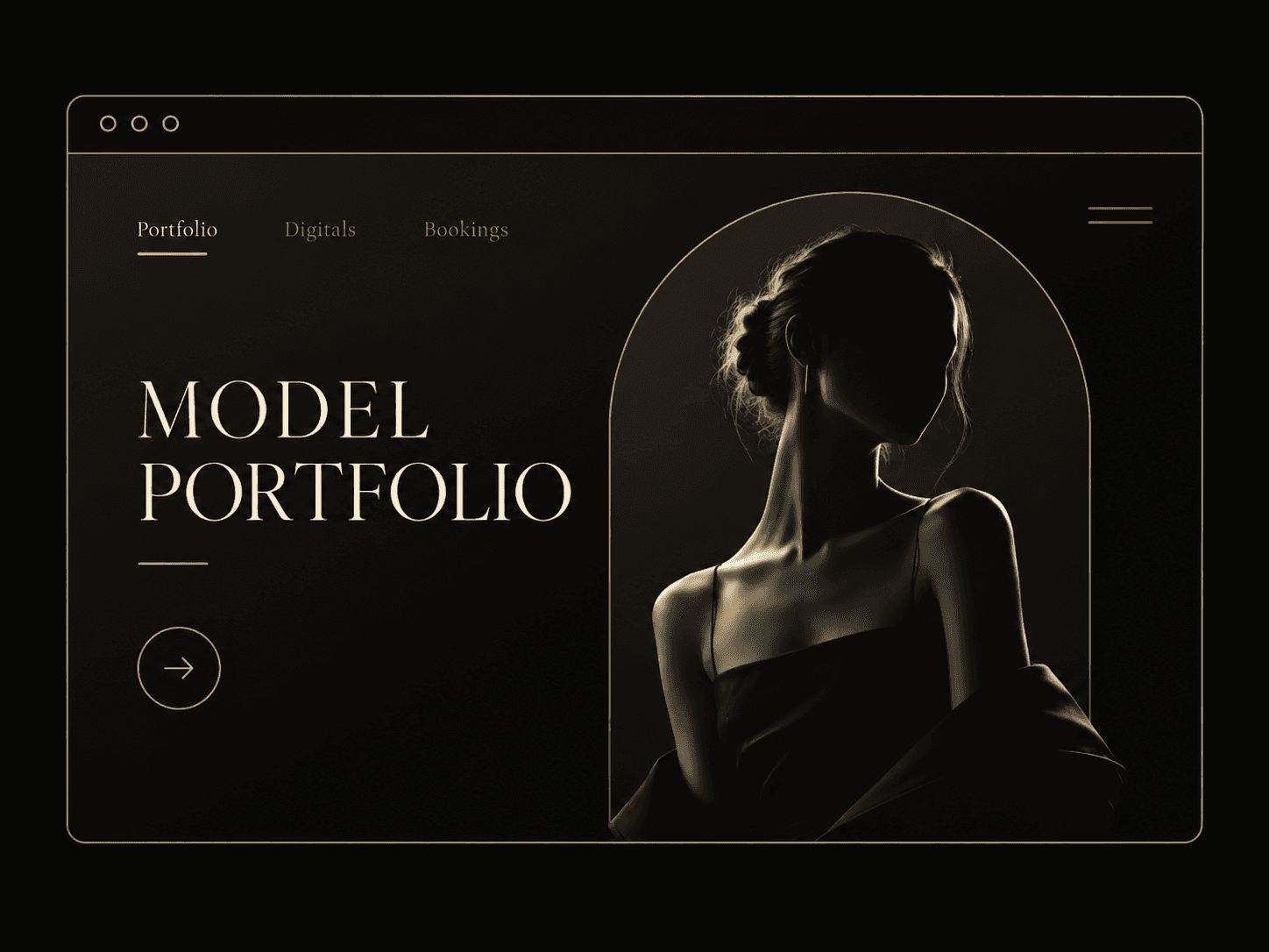 Dark and gold model portfolio website mockup