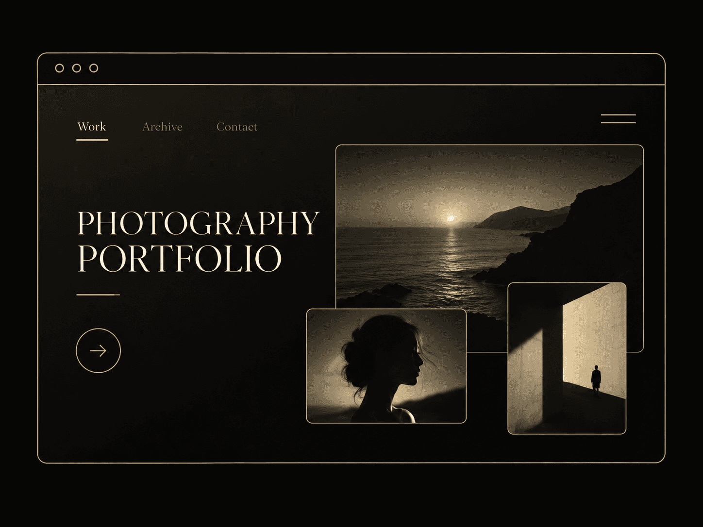 Dark and gold photography portfolio website mockup