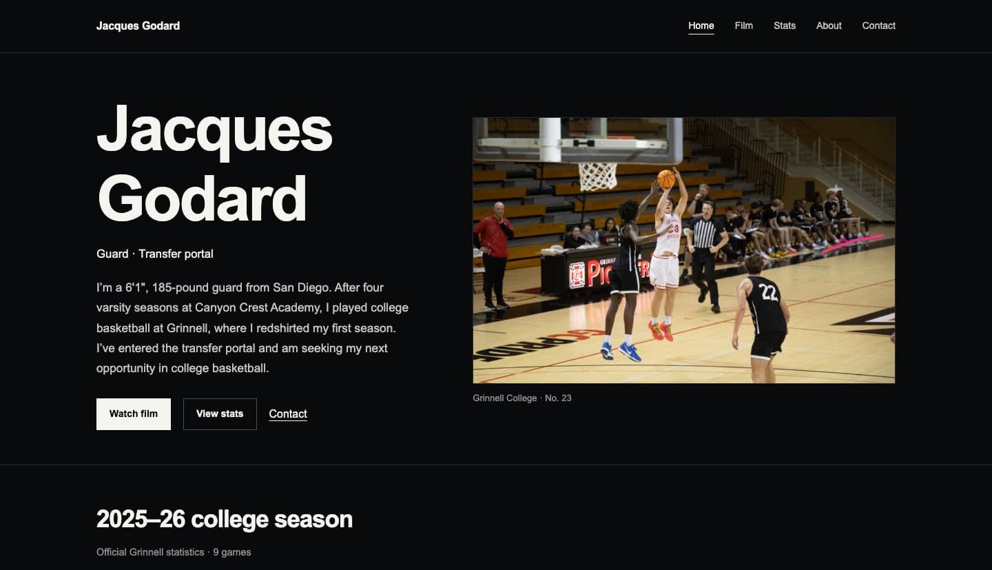 Jacques Godard’s basketball recruiting website, with a player photo, college statistics, film, and accomplishments