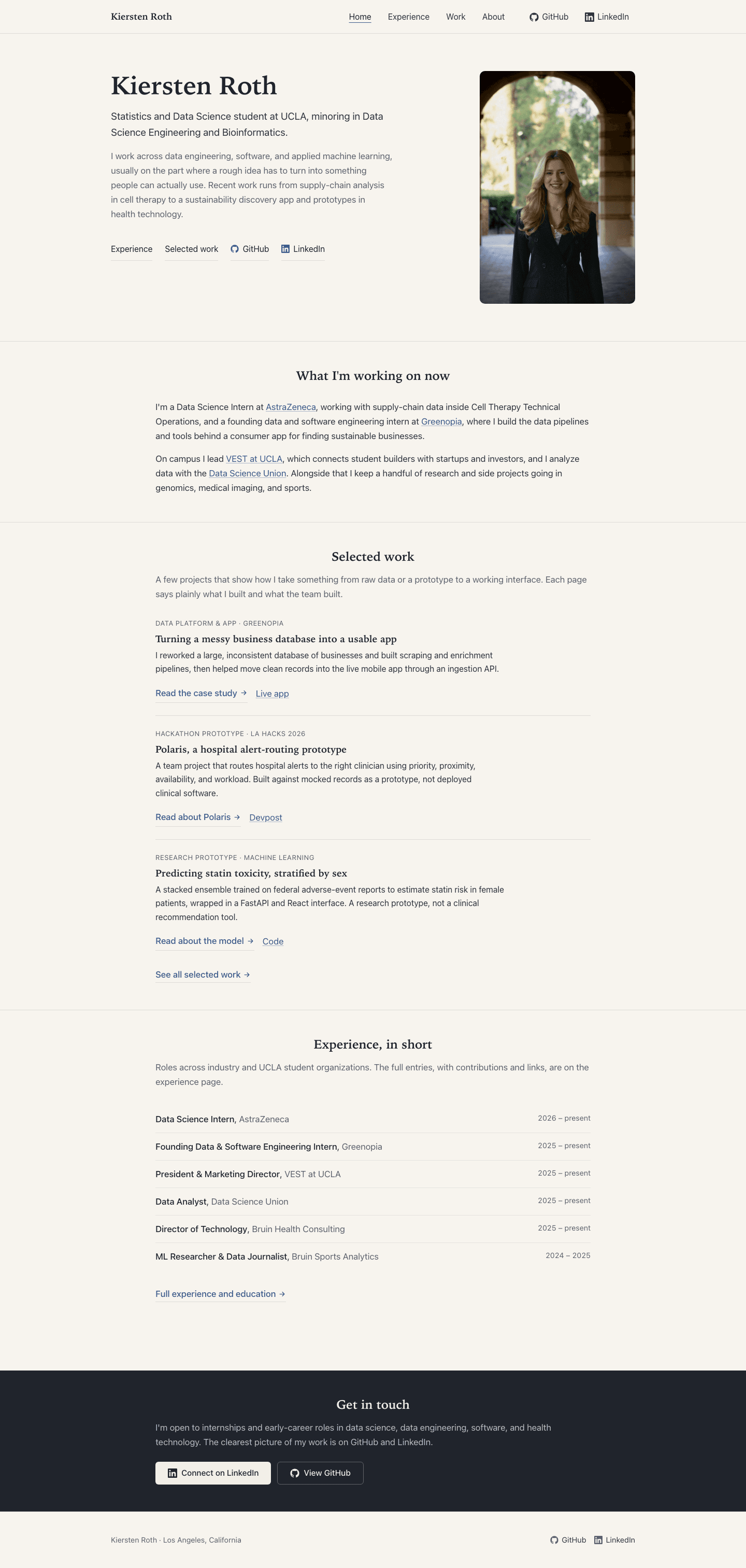 Kiersten Roth's portfolio homepage, with a portrait, data science introduction, selected work, and experience
