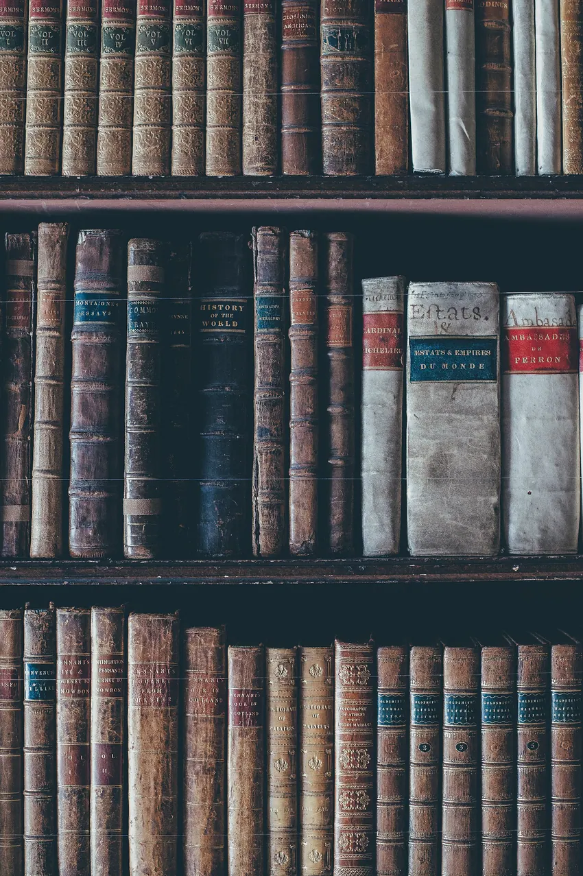 Rows of aged books on a dark library shelf